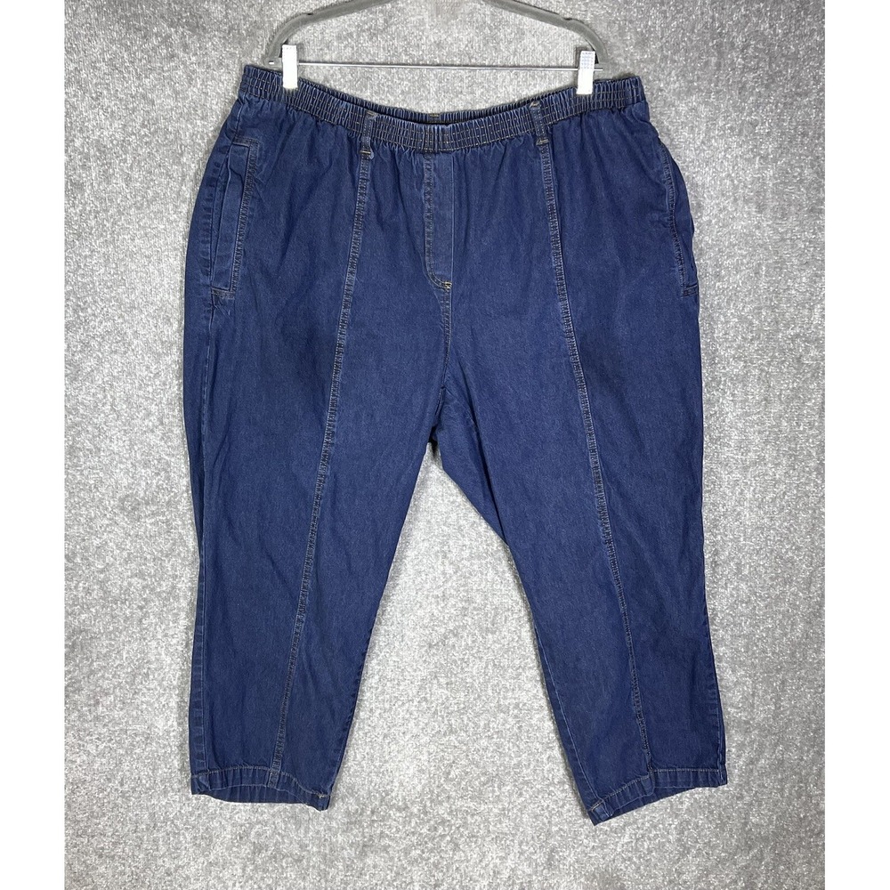 Roamans Elastic Waist Jeans Womens Size 28W Petite Blue Denim Pockets Pull On